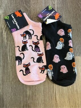 Cute Halloween Cat & Ghost Ankle Socks - Pink & Black